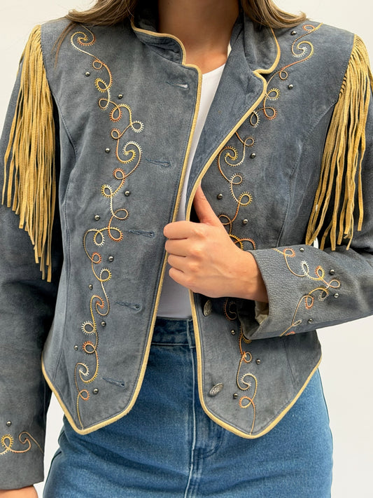 Vintage Blue/Grey Suede Fringe Jacket Size Medium