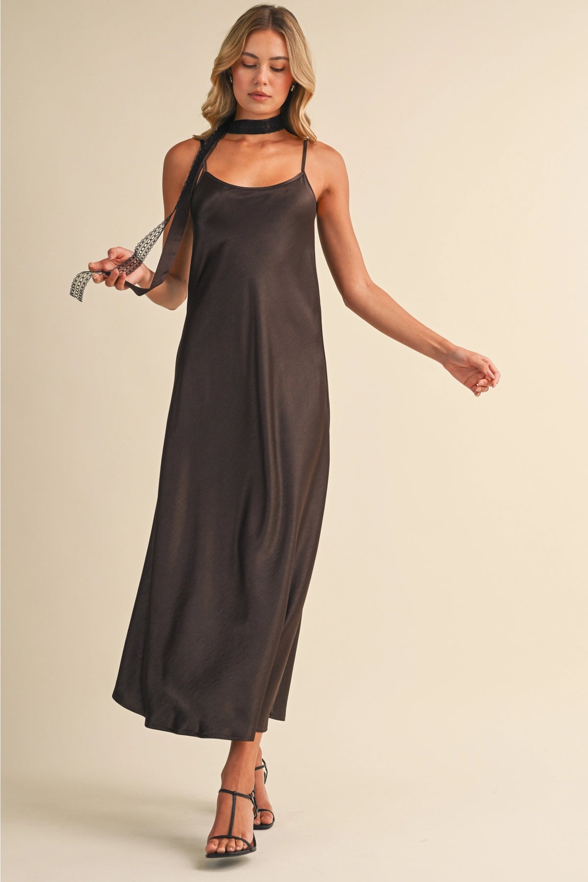 "Out West" Satin Midi Dress w/ Lace Scarf