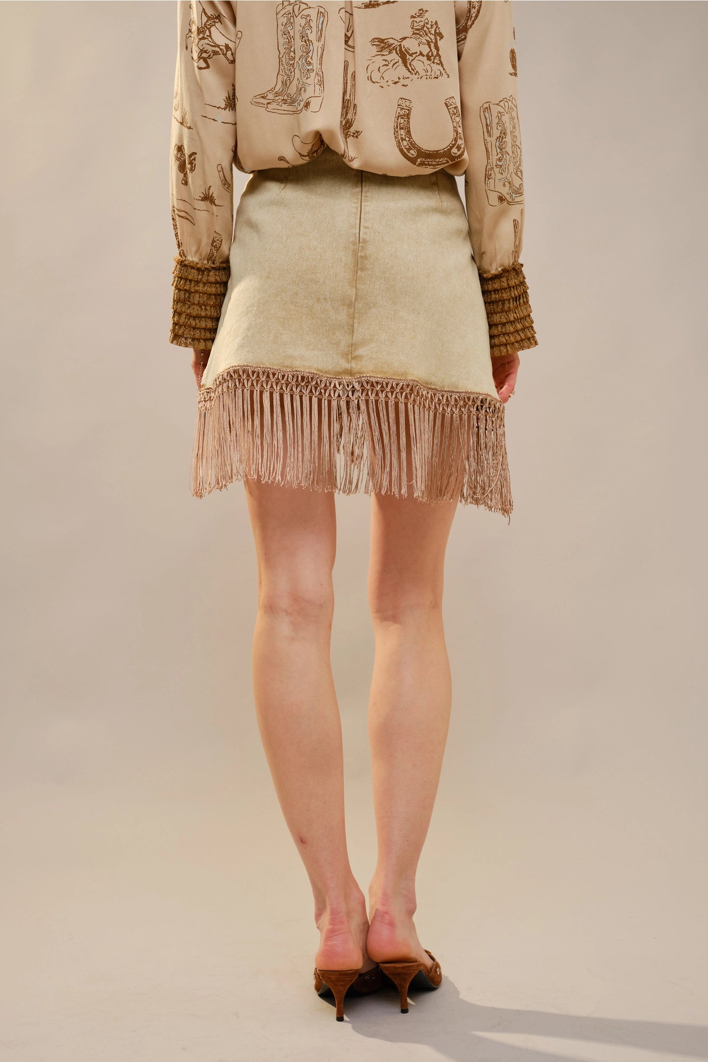 NEW!! Denim Fringe Wrap Skirt in Tan
