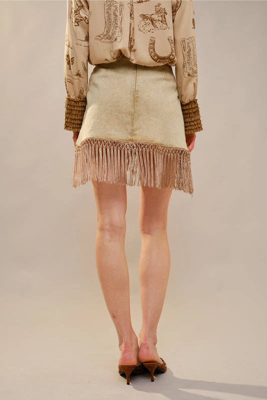 NEW!! Denim Fringe Wrap Skirt in Tan