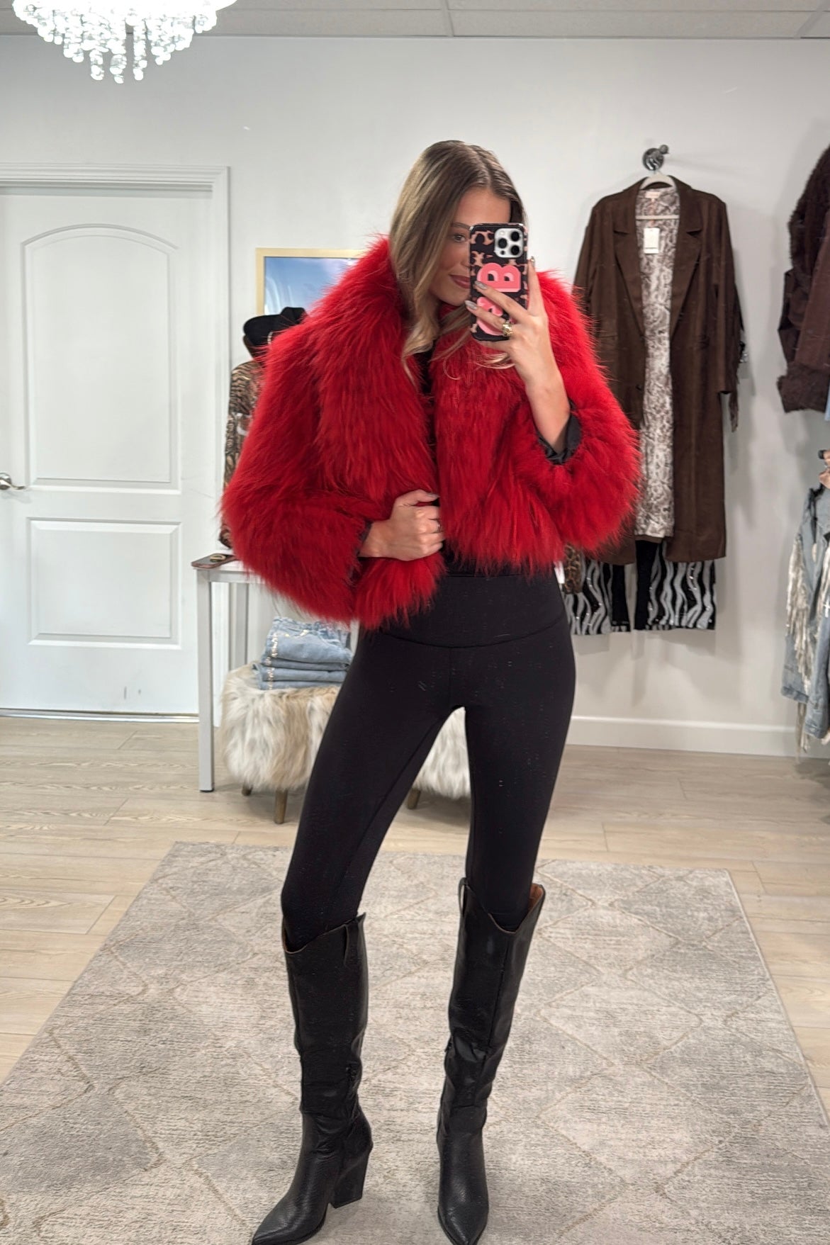 #43 Vintage Dyed Red Cropped Racoon Fur Jacket
