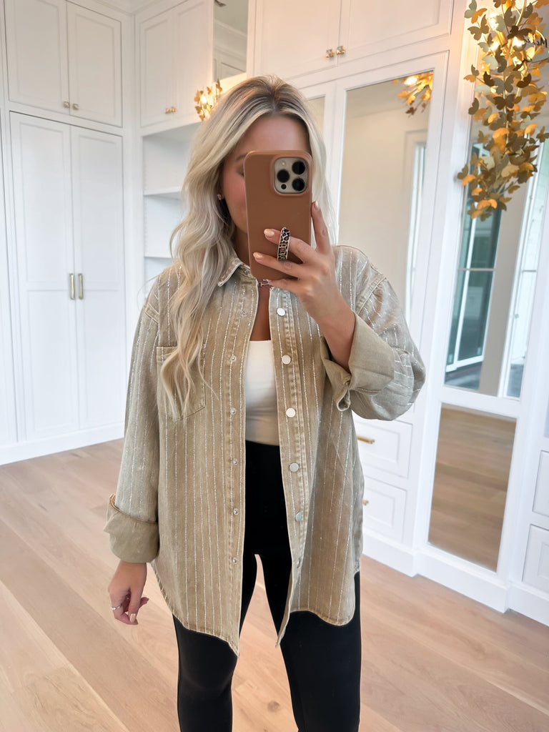 AS SEEN ON WHITNEY RIFE!! Crystal Striped Denim Shacket in Beige