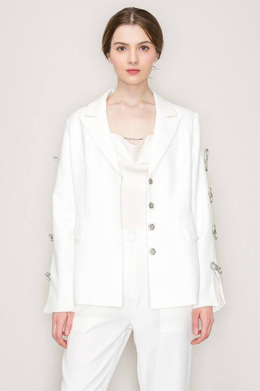 AS SEEN ON ASHLEE NICHOLS!! Rhinestone Bow Cut Out Blazer in White