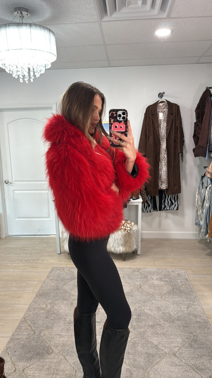 #43 Vintage Dyed Red Cropped Racoon Fur Jacket