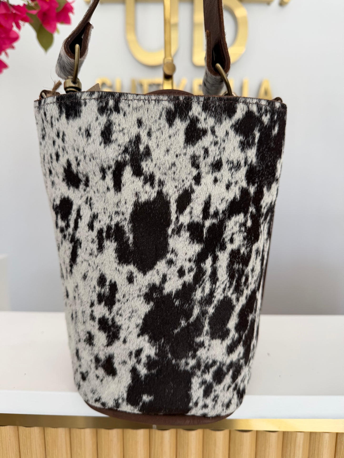 Black and White Cowhide Large Bucket Bag w/ Cowhide Strap