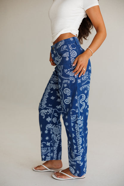 Bandana Print Barrel Leg Pants in Navy