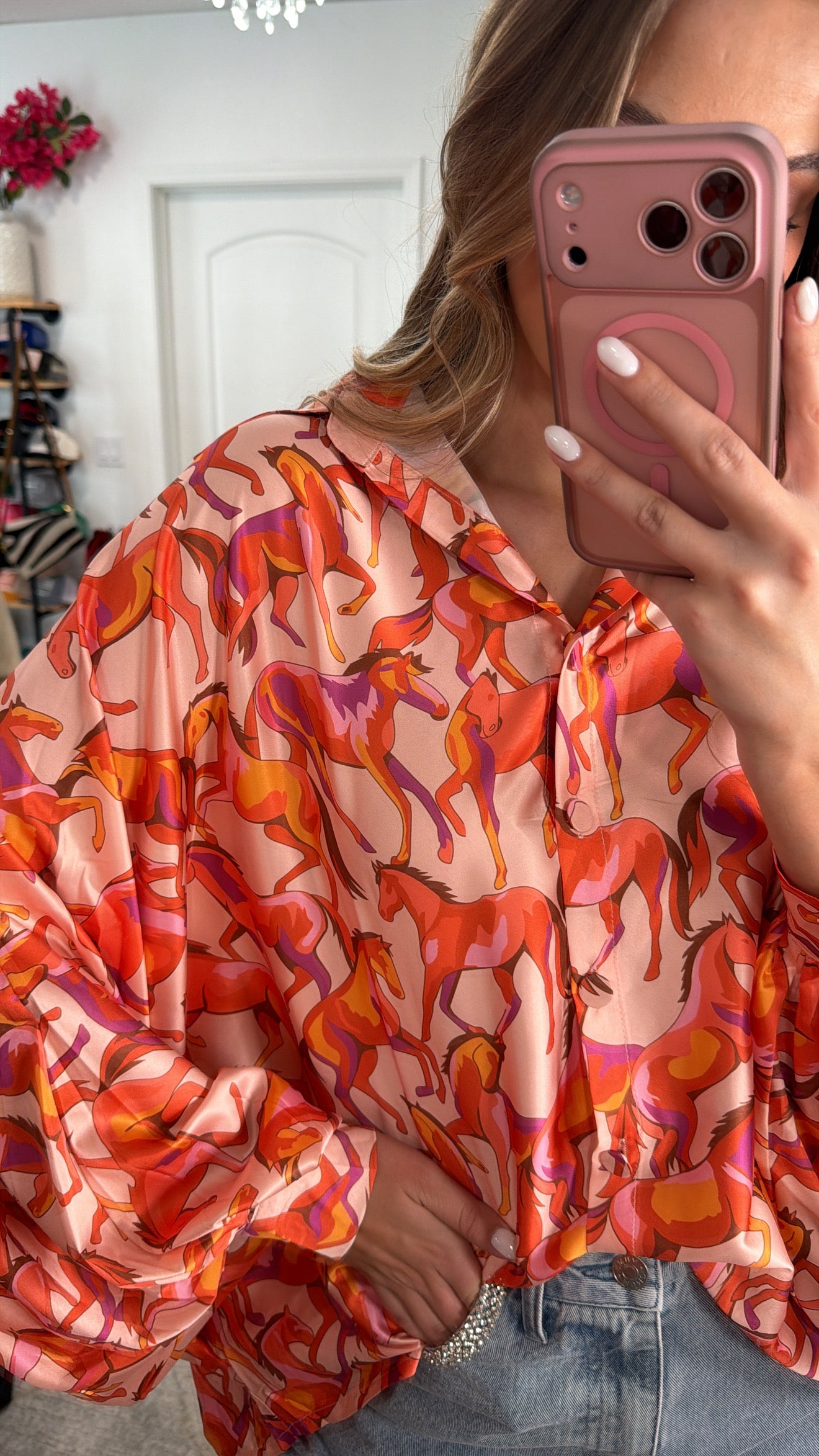 NEW!! Horseprint Satin Top in Orange & Pink