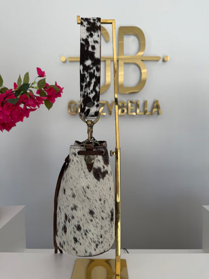Brown and White Cowhide Bucket Bag Medium Drawstring w/ Cowhide Strap