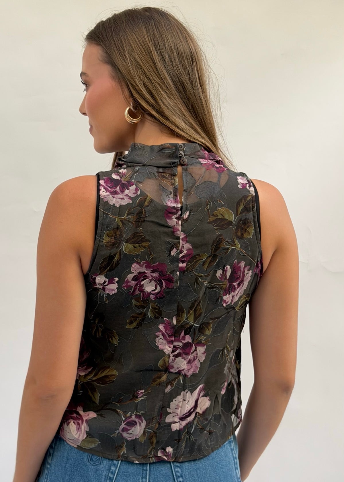 Asymmetric Fringe Sheer Floral Top