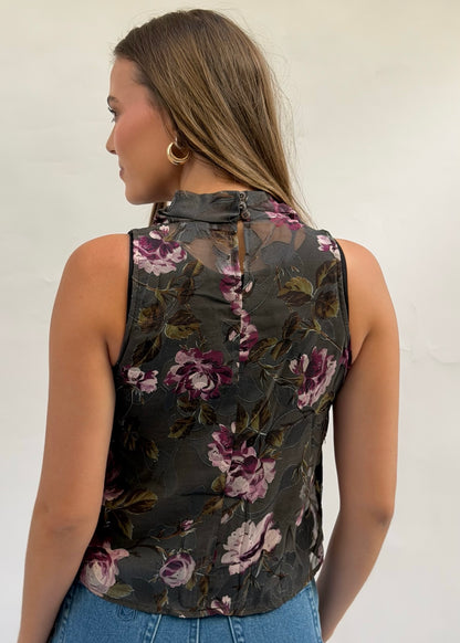 Asymmetric Fringe Sheer Floral Top