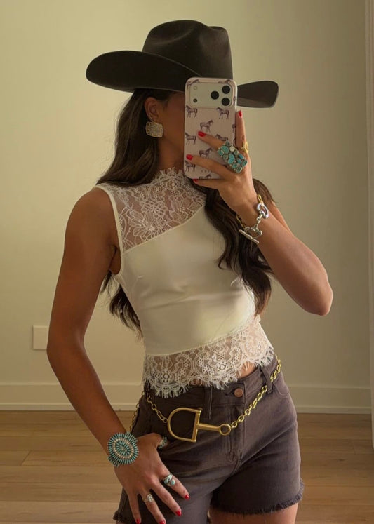 Satin Lace Trim Top in Cream