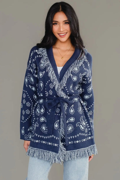 Sonora Fringe Wrap Cardigan in Navy