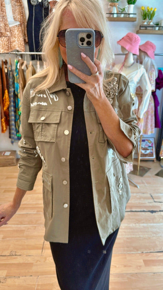 NEW!! Olive Shacket with Crystal Embellishment