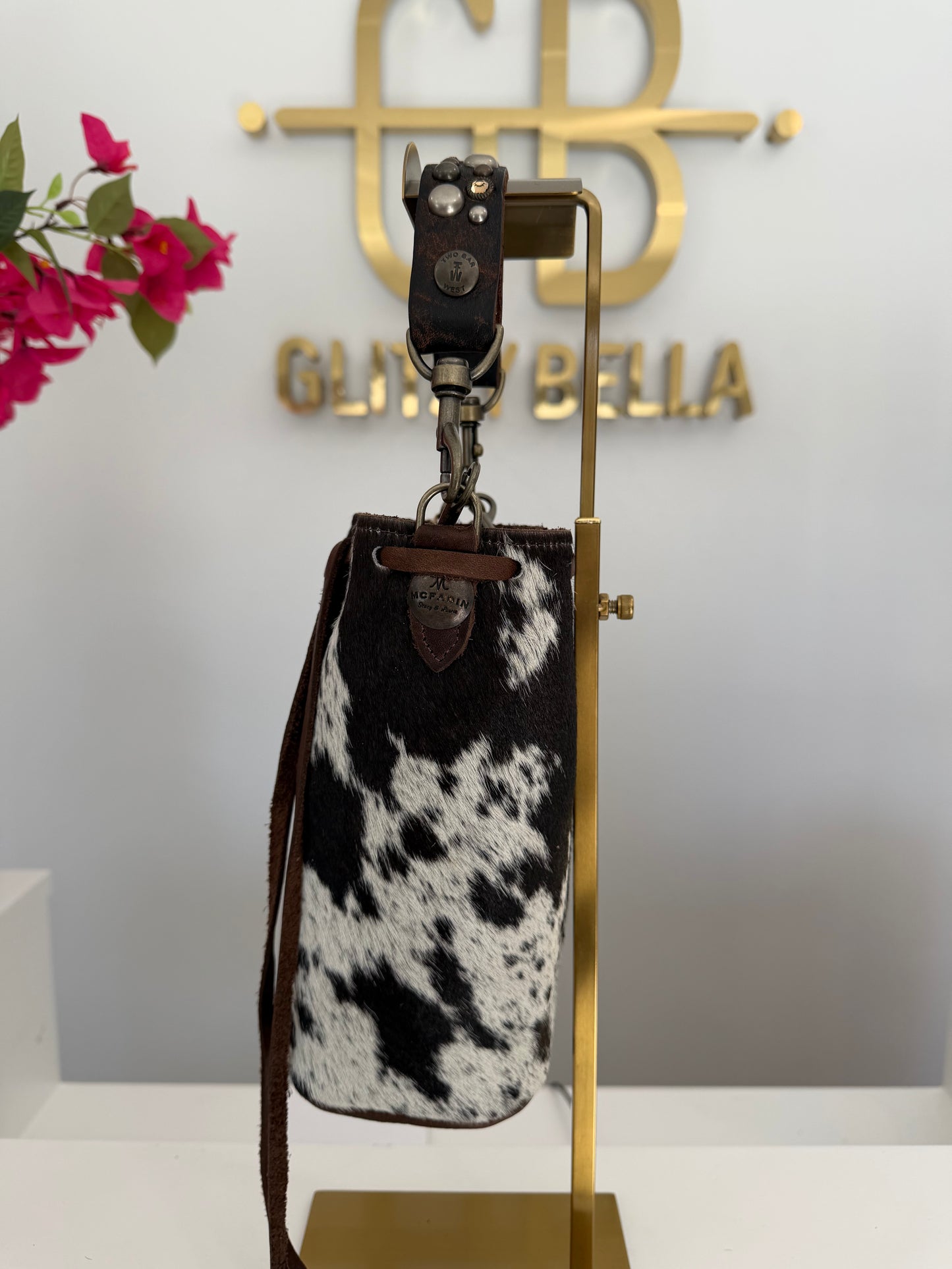 Brown and White Cowhide Bucket Bag Small Drawstring w/ Brown Strap