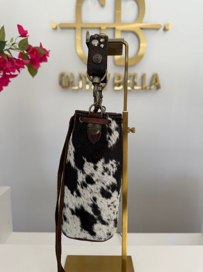 Brown and White Cowhide Bucket Bag Small Drawstring w/ Brown Strap