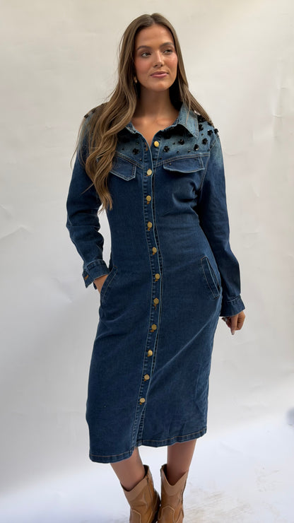 Dark Denim Dress w/ Shoulder Embellishment