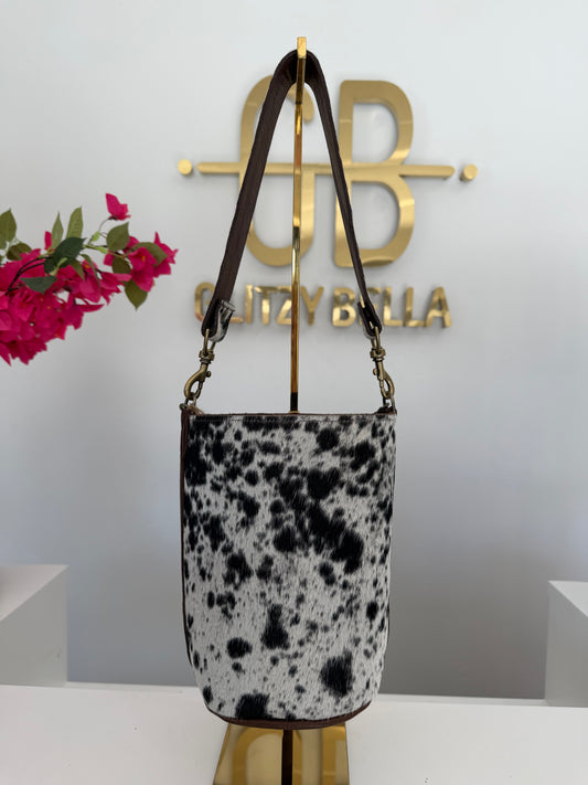 Black and White Cowhide Large Bucket Bag w/ Cowhide Strap