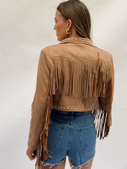 The Maverick Cropped Stud Jacket in Tan