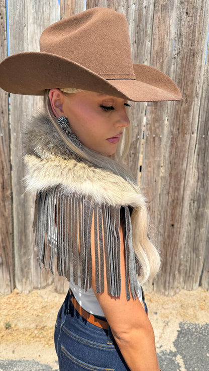 Vintage Coyote Fur & Leather Fringe Collar - Small Size