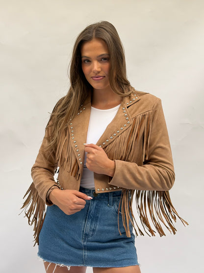 The Maverick Cropped Stud Jacket in Tan