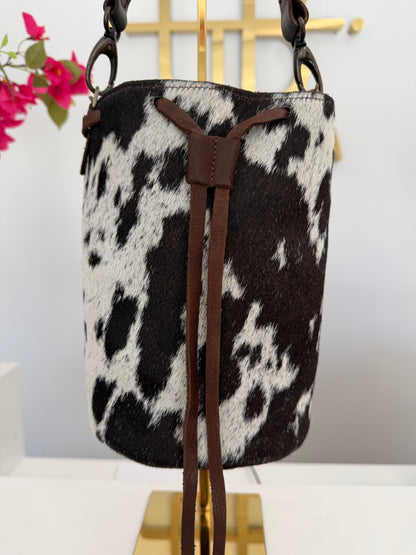 Brown and White Cowhide Bucket Bag Medium Drawstring w/ Studded Strap