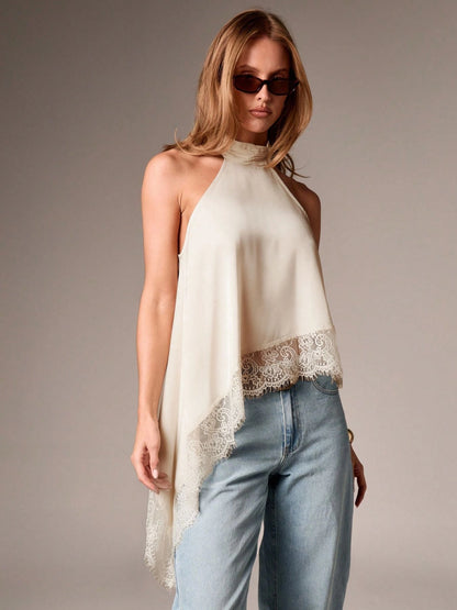 Asymmetric Lace Halter Top in Ivory