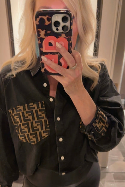 LIMITED EDITION!!  Designer Repurposed Denim Shirt w/ Designer Scarf Pocket & Cuff