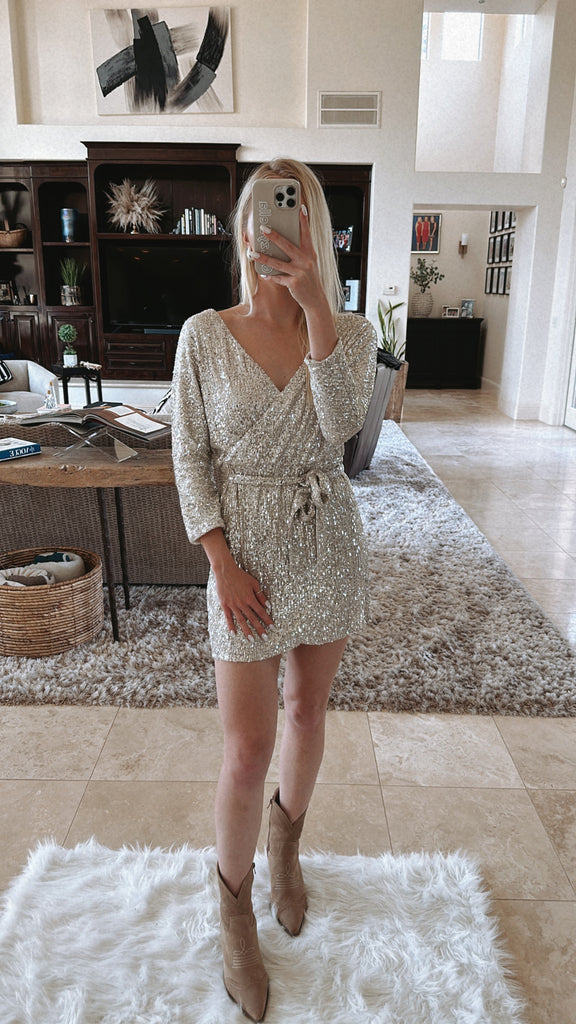 “Time to Shine” Sequin Wrap Dress