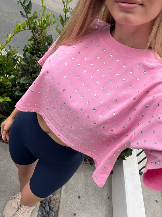 The “Dallas" Cropped Rhinestone Tee in Pink