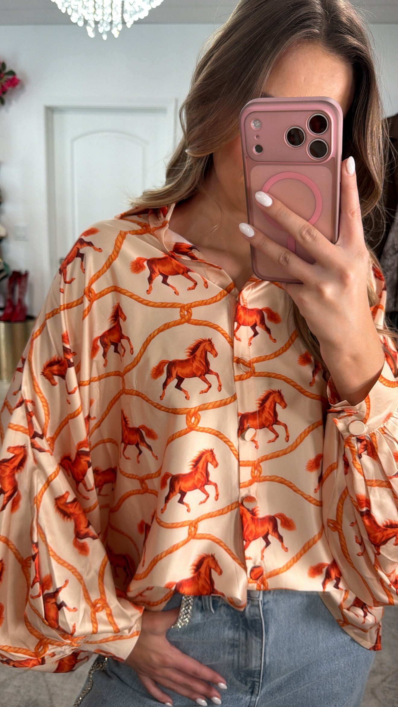 Horseprint Satin Top in Coral