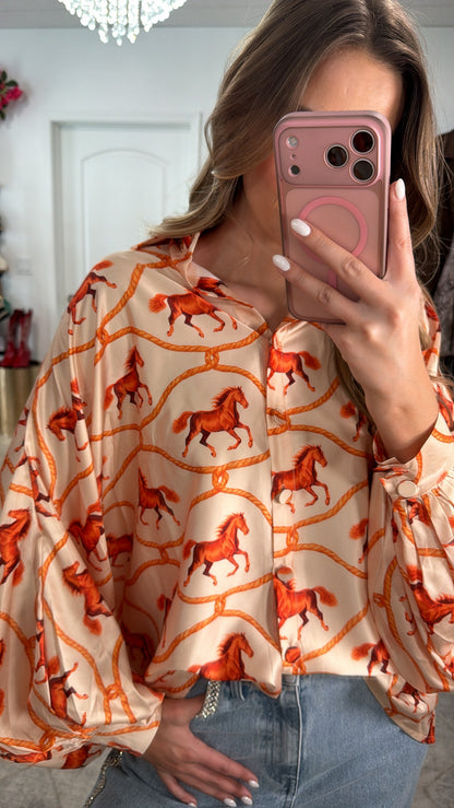Horseprint Satin Top in Coral