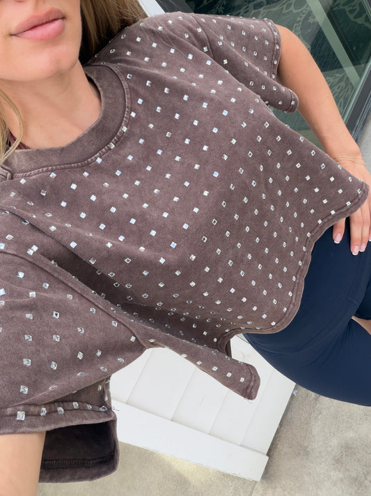 The “Dallas" Cropped Rhinestone Tee in Brown