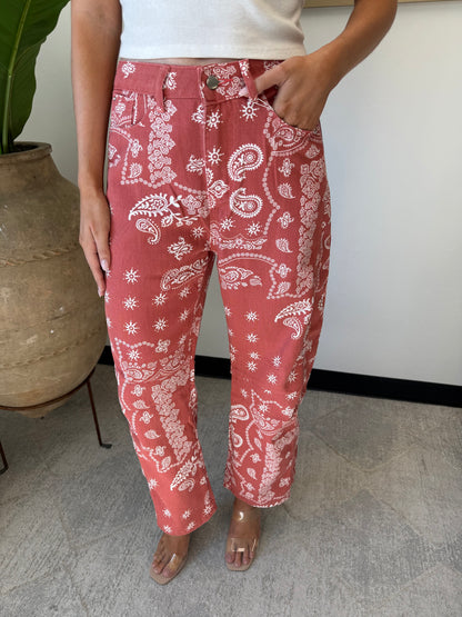 Paisley Barrel Leg Pants in Red