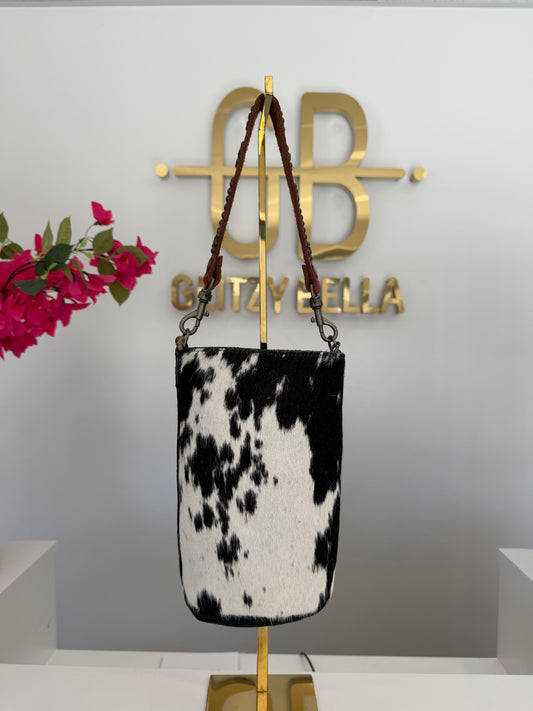 Black and White Cowhide Small Bucket Bag w/ Red Strap