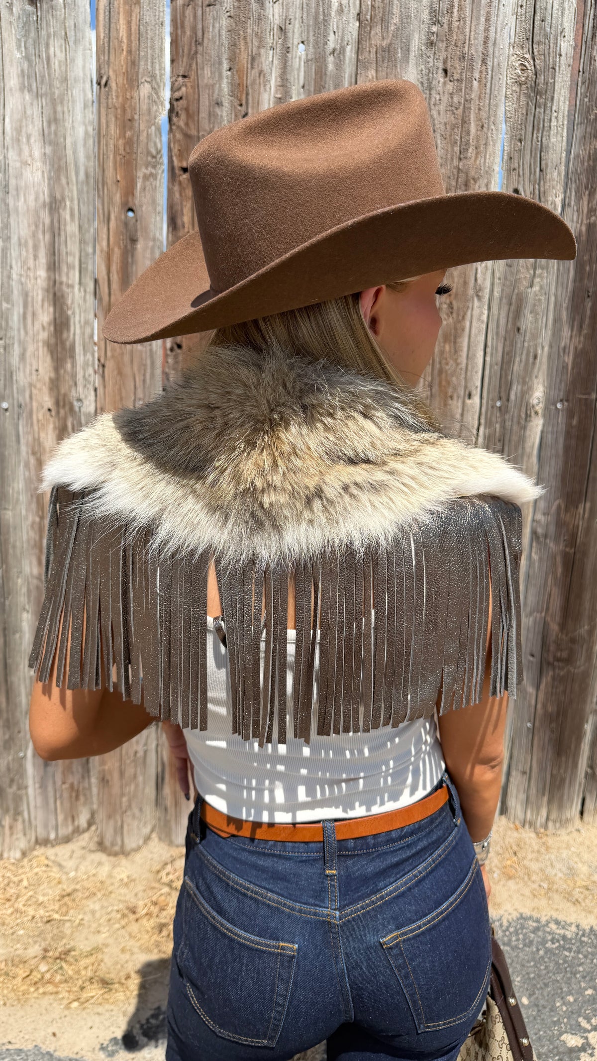 Vintage Coyote Fur & Leather Fringe Collar - Small Size