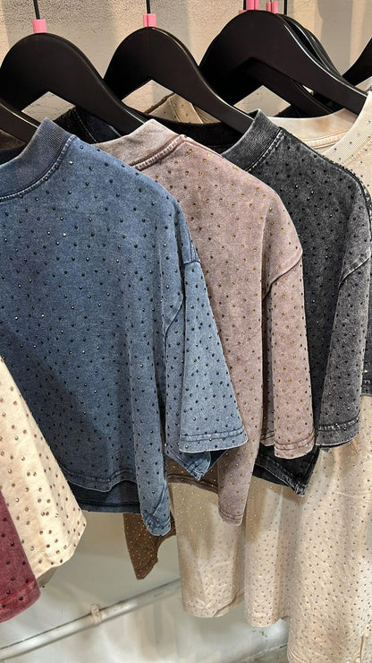 NEW!! "Brooklyn" Acid Wash Cropped Rhinestone Tee in 3 Colors