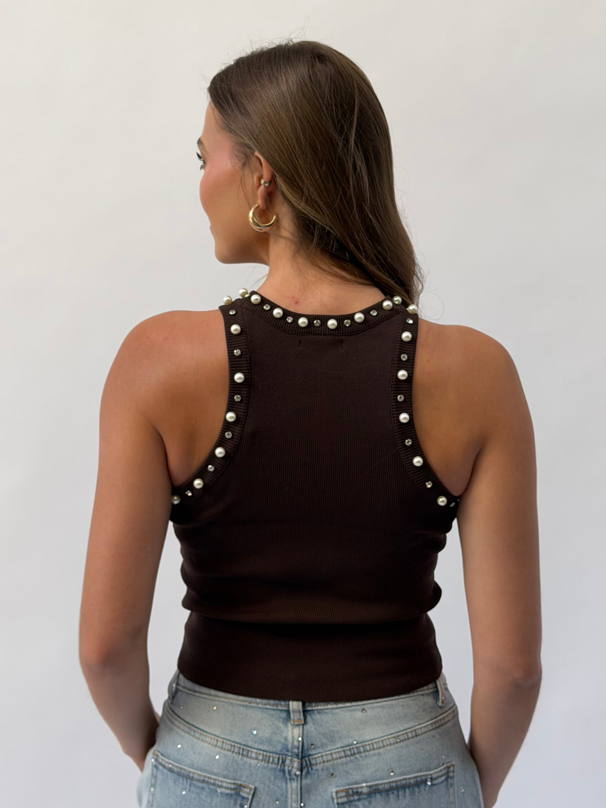 NEW!! Rhinestone and Pearl Tank in Brown