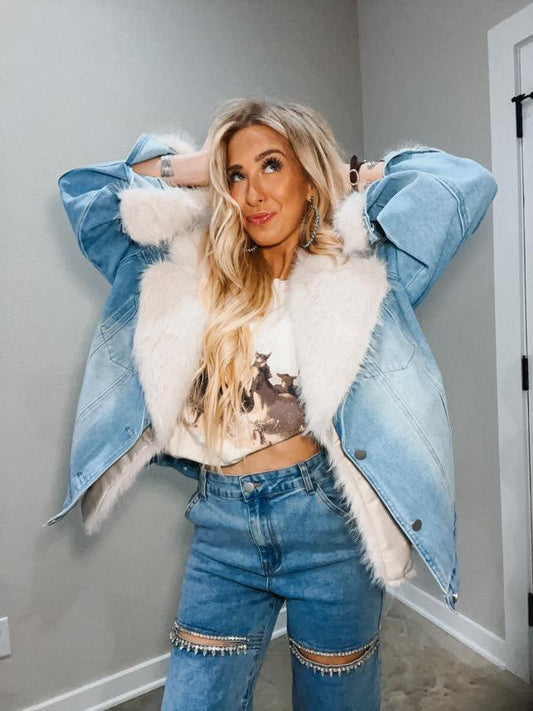 BEST SELLER!! Penny Faux Fur Denim Jacket in Blue