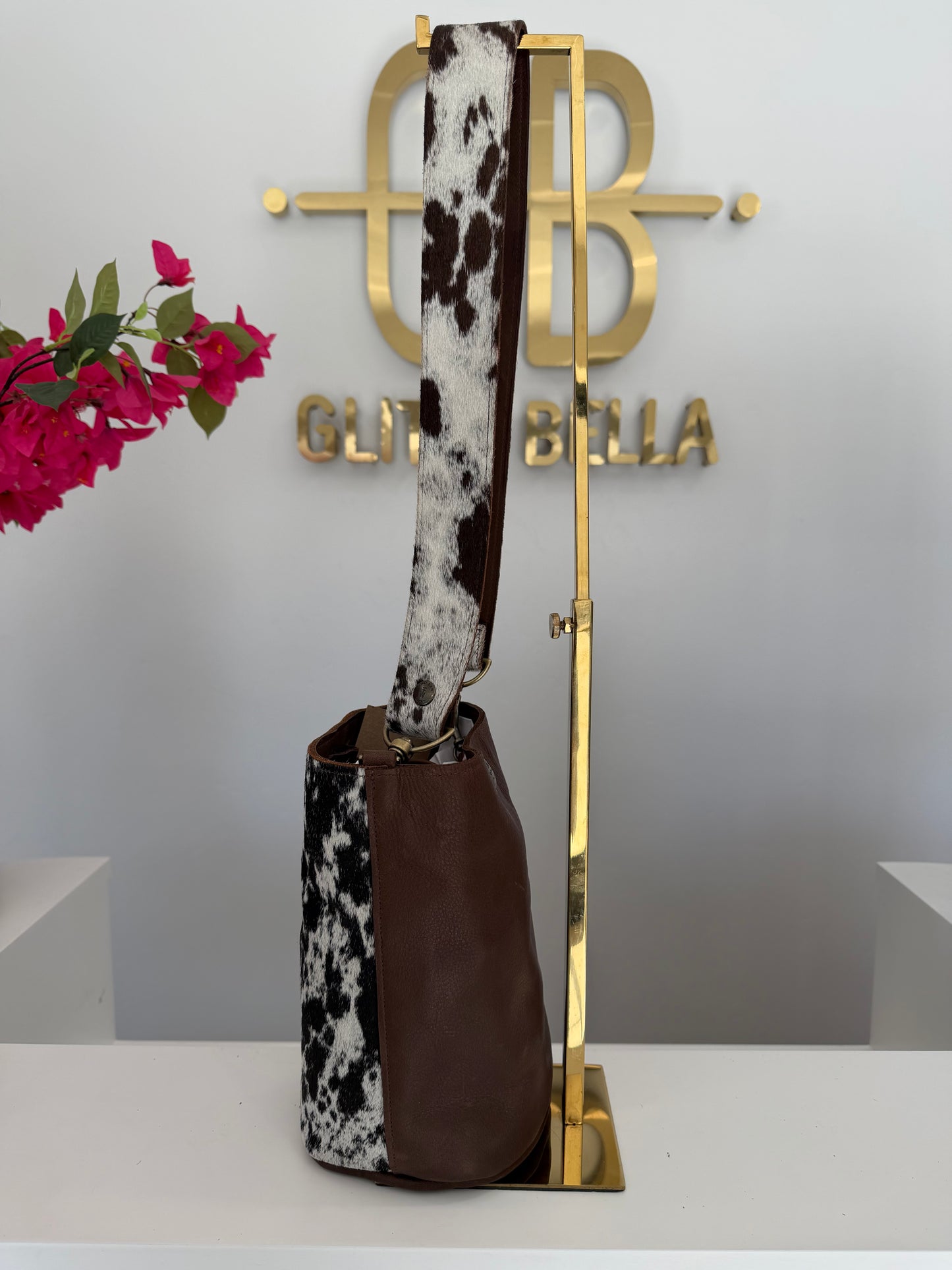 Black and White Cowhide Large Bucket Bag w/ Cowhide Strap