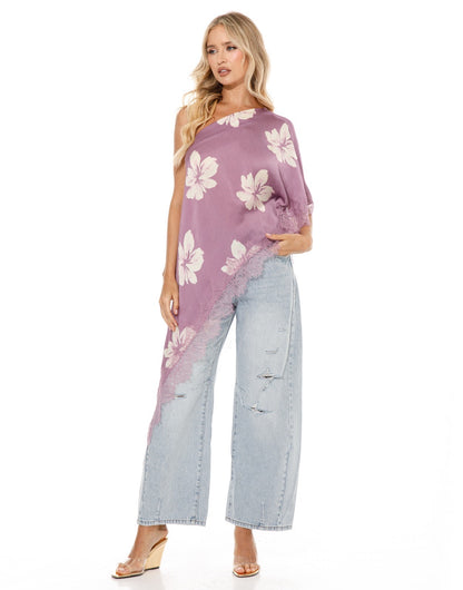 Asymmetric Lace Top in Purple Floral
