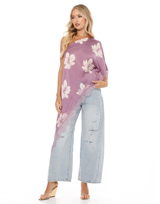 Asymmetric Lace Top in Purple Floral