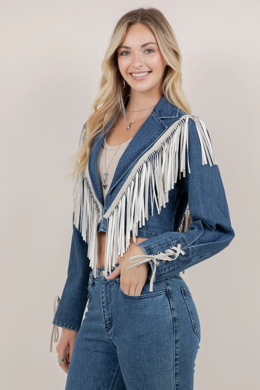 "Aspen" Cropped Fringe Denim Jacket in Medium Wash