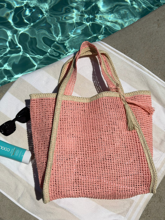 "Cannes Coast" Straw Tote Bag in Pink