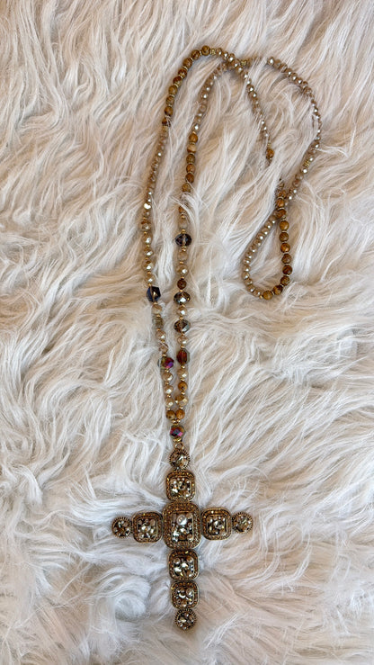 DOORBUSTER!! Oversized Crystal Cross Necklace in Brown