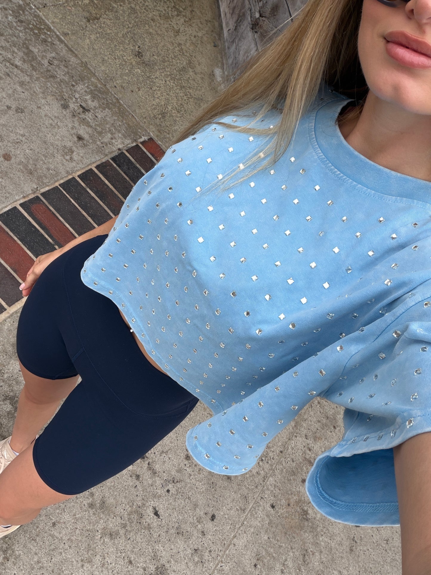 The “Dallas" Cropped Rhinestone Tee in Blue