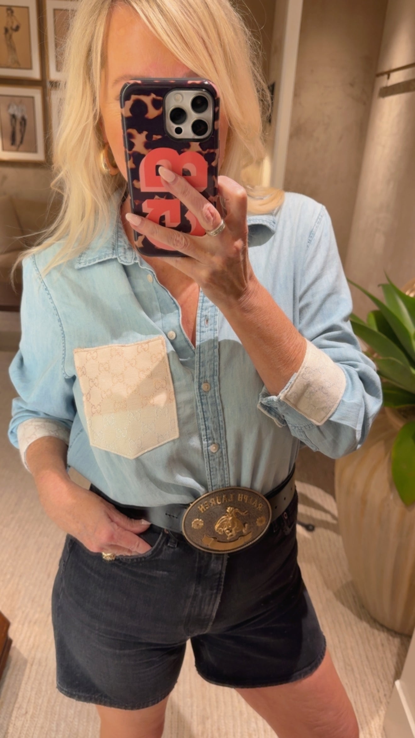 LIMITED EDITION!! Designer Repurposed Denim Shirt w/ Designer Beige Scarf