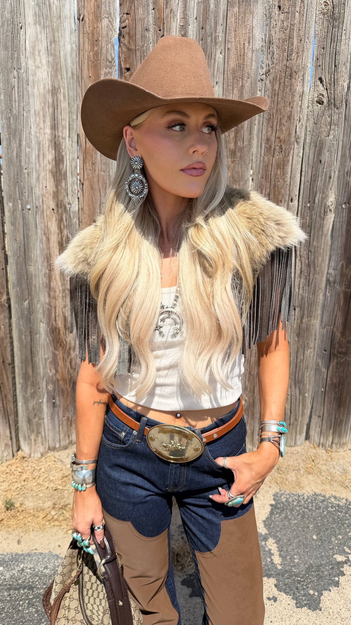 Vintage Coyote Fur & Leather Fringe Collar - Small Size