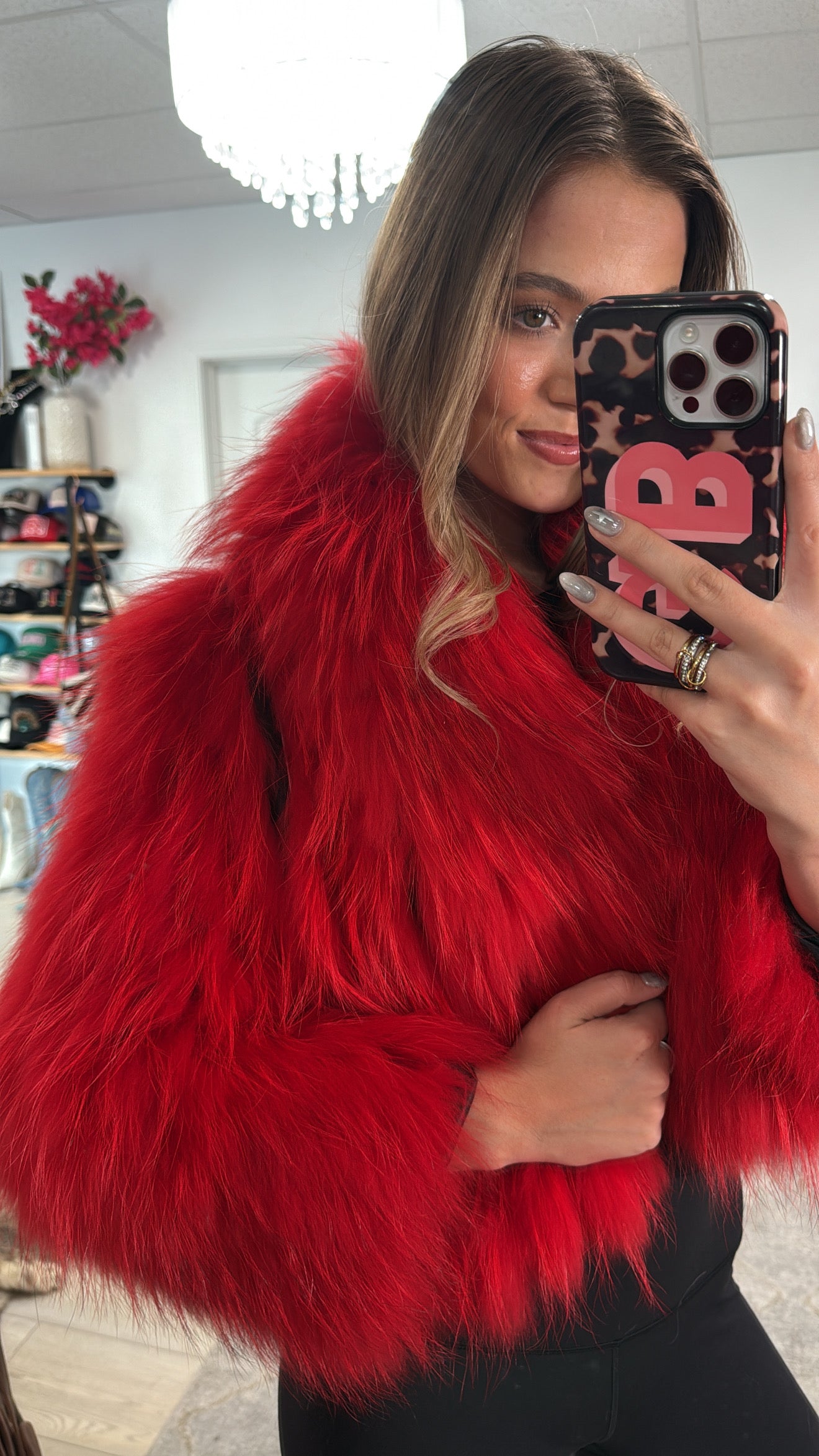 #43 Vintage Dyed Red Cropped Racoon Fur Jacket
