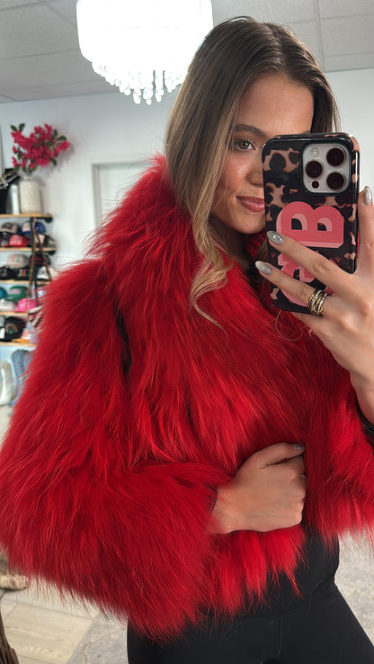 #43 Vintage Dyed Red Cropped Racoon Fur Jacket