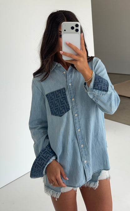 Designer Repurposed Denim Shirt w/ Designer Blue Scarf